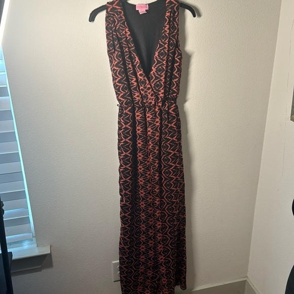 She’s Cool crossed top sleeveless orange black print semi sheer jumpsuit Sz L - Picture 1 of 5